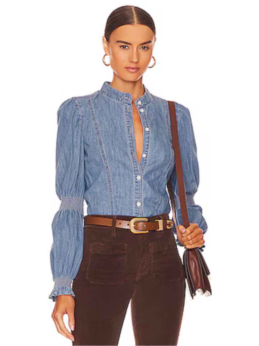 Denim Button-Front Puff Sleeve Top - Blue